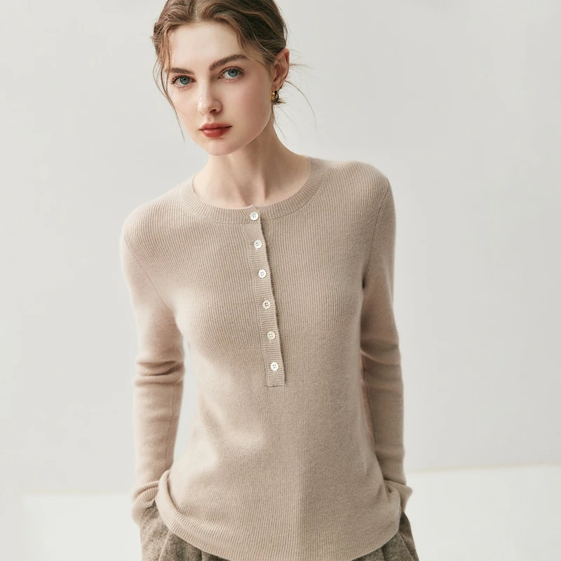 

100% Cashmere Half Buttons Pullover Women's Slim Sweater Autumn Winter Classic Basic O-neck Long Sleeve Slim Jumper Top Sweater