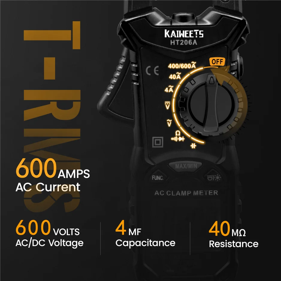 KAIWEETS HT206A Auto Ranging LCD Display Digital Multimeter Clamp Meter Current  Tester