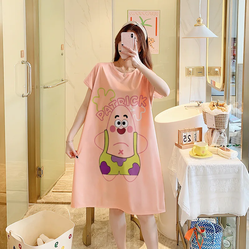 SpongeBob Patrick Star Sleepwear Women Cartoon Sweet Nightdress Short Sleeve Casual Loose Nightgown Student Summer Loungewear