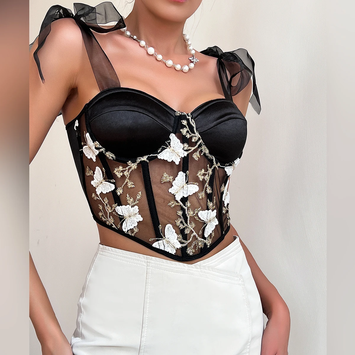 Vemina Sexy Strappy Vest Hollowing Mesh See Through Fishbone Corset Butterfly Embroidery Bustier Crop Top Bow Bandage Halter