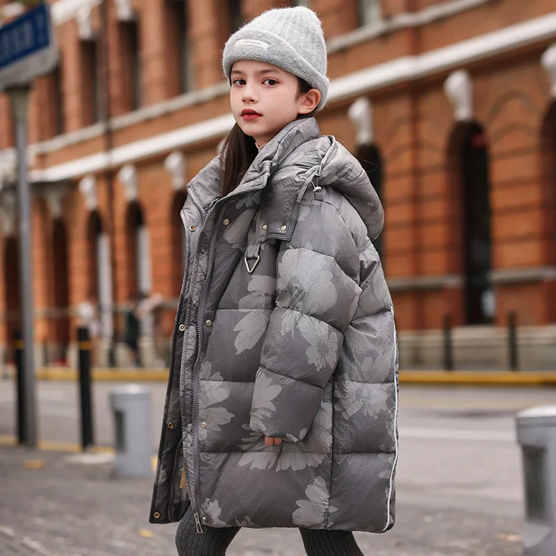 OLEKID 2025 Winter Down Jacket For Girls Printed Chrysanthemum Hooded Teen Girl Outerwear Coat 5-14 Years Kids Girl Parka Outfit