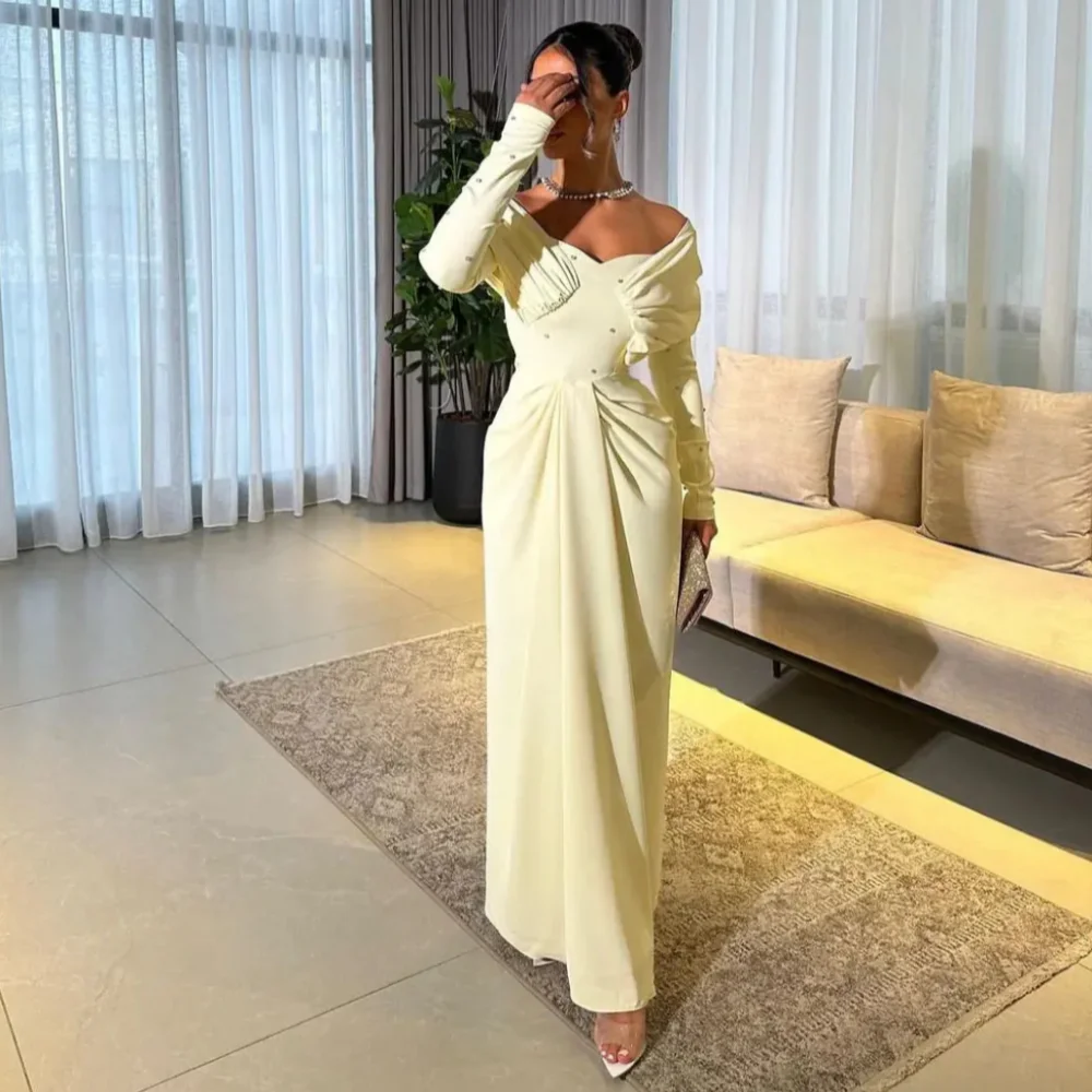 

Customized Long Sleeve Evening Dress Off Shoulder Sheath Crystals Party Gowns Elegant Prom Dress Simple فساتين سهرة