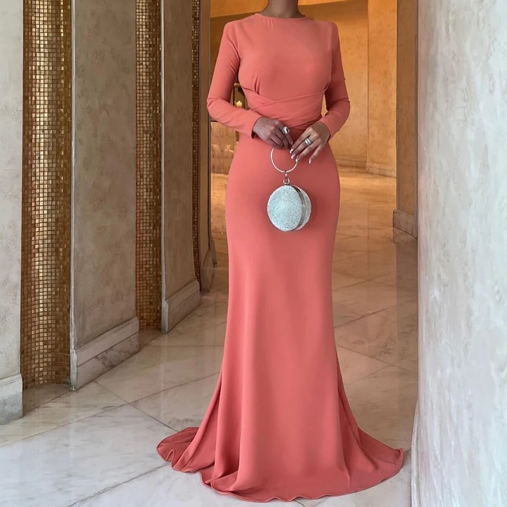 

Customized Graceful Criss-Cross Pleats Crew Neck Jersey Long Sleeves Evening Dress Temperament Mermaid Photo Color Party Gown