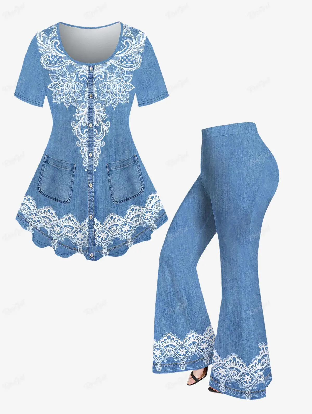 T-shirt i spodnie rozszerzane Plus rozmiar 70s 80s strój XS-6X wiosna lato kobiety Paisley 3D kieszenie guziki Denim z nadrukiem