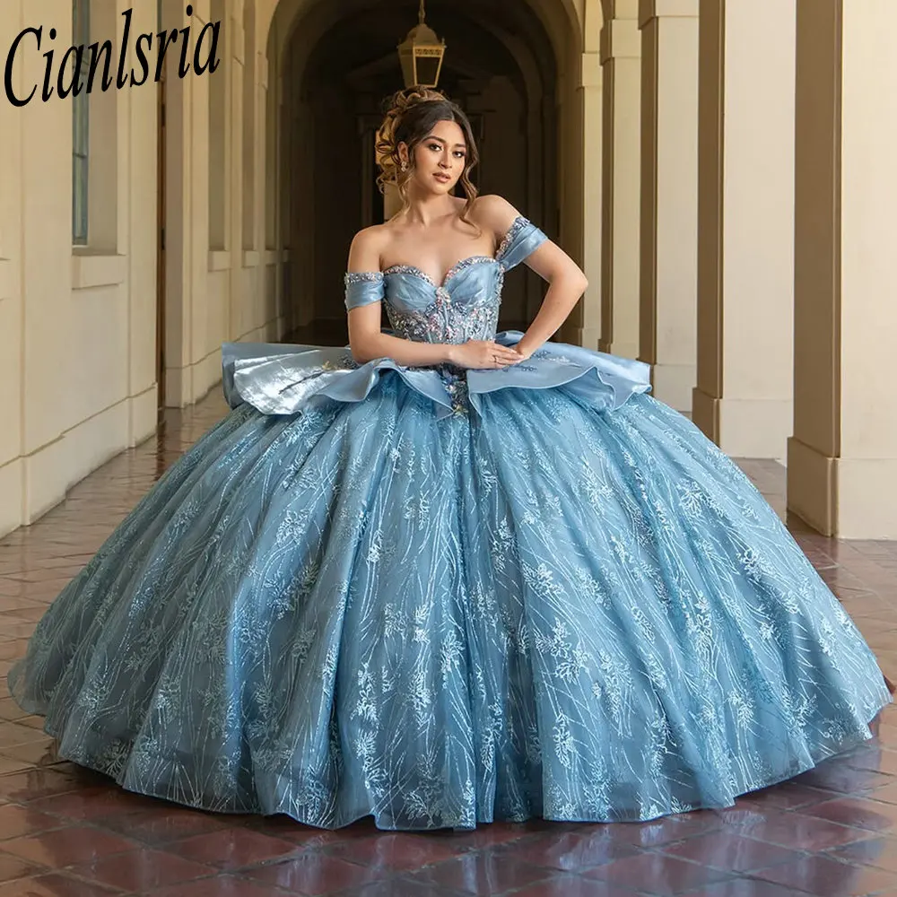 Light Blue Off The Shoulder Ruffles Quinceanera Dresses Ball Gown Beading Appliques Lace Mexican Sweet 16 XV Anos