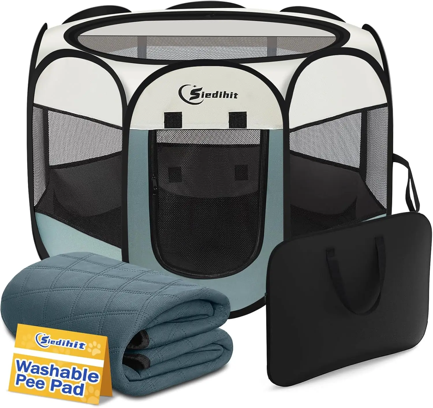 

Large Dog Puppy Playpen, Portable Pop Up Kennel with Carrying Bag, Removable Top, Grey