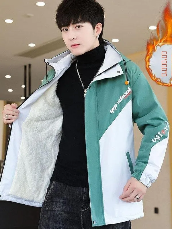 

Men's Autumn Winter Jaet Hooded Fce Lined Casual Versatile Stand Fit Windbreaker Coat Optional Fce Inner Layer