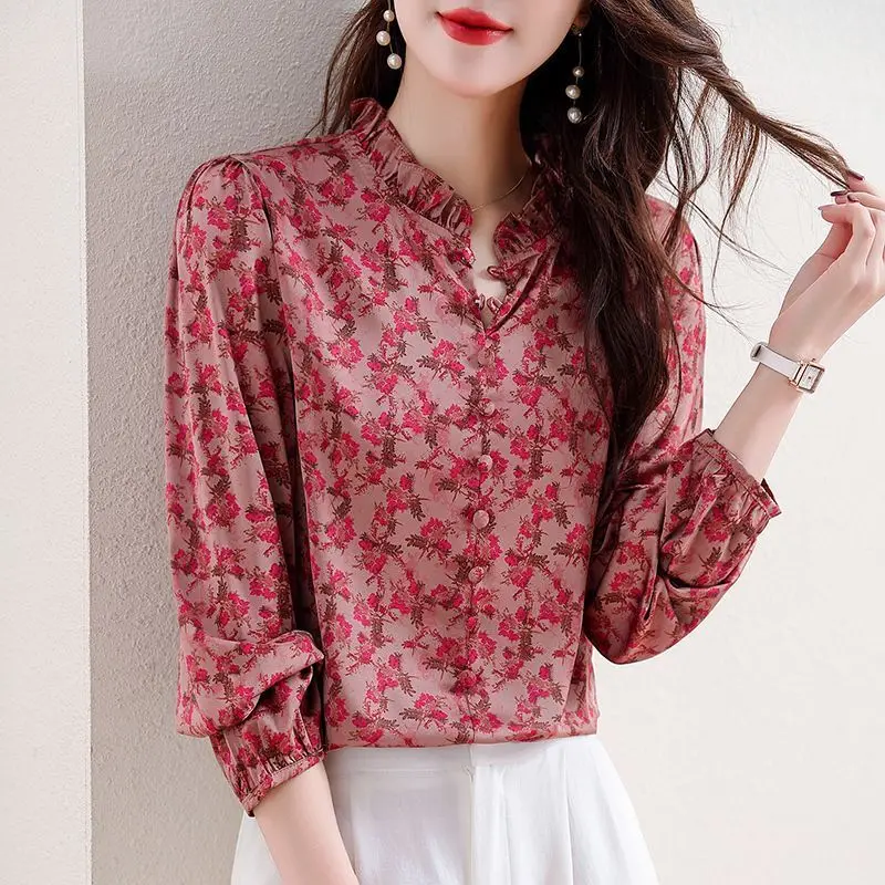 

Simplicity Summer New Women's Round Neck Printing Button Edible Tree Fungus Temperament Loose Long Sleeve Chiffon Shirt Tops