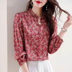 Simplicity Summer New Women's Round Neck Printing Button Edible Tree Fungus Temperament Loose Long Sleeve Chiffon Shirt Tops