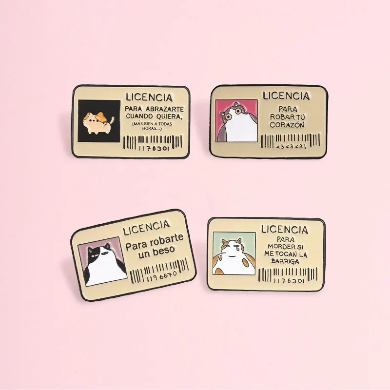 New Style Spanish Cat ID Card Brooch Funny Cartoon Kitten License Badge Alloy Lapel Pins DIY Bag Clothes Hat Scarf T-shirt Jeans