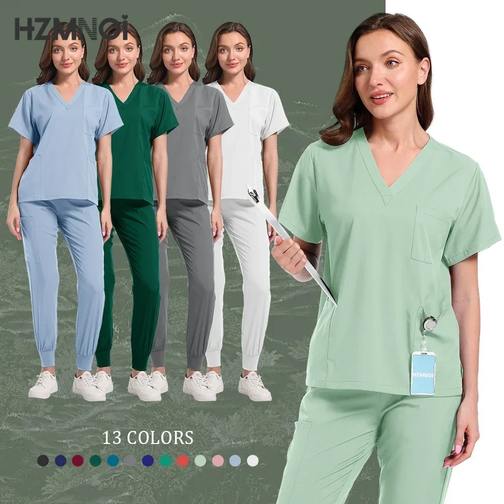 Scrubs Uniform Suit Short Sleeve V-neck Tops+jogger Pants Set Nursing Uniform Women Multicolor Pet Doctor Scrub Medical Workwear