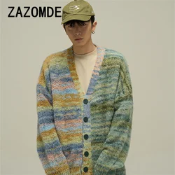 ZAZOMDE Retro Color Striped Sweater Jacket Man Oversize V-neck Single-breasted Casual Knit Cardigan Sweater Winter Outwear Coat