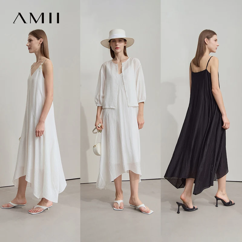 Amiiชุดผู้หญิงMinimalist 2025 ฤดูร้อนสไตล์ใหม่พื้นผิวรู้สึกLyocellลูกปัดดอกไม้VคอSuspenderชุดสีดํา 12542047