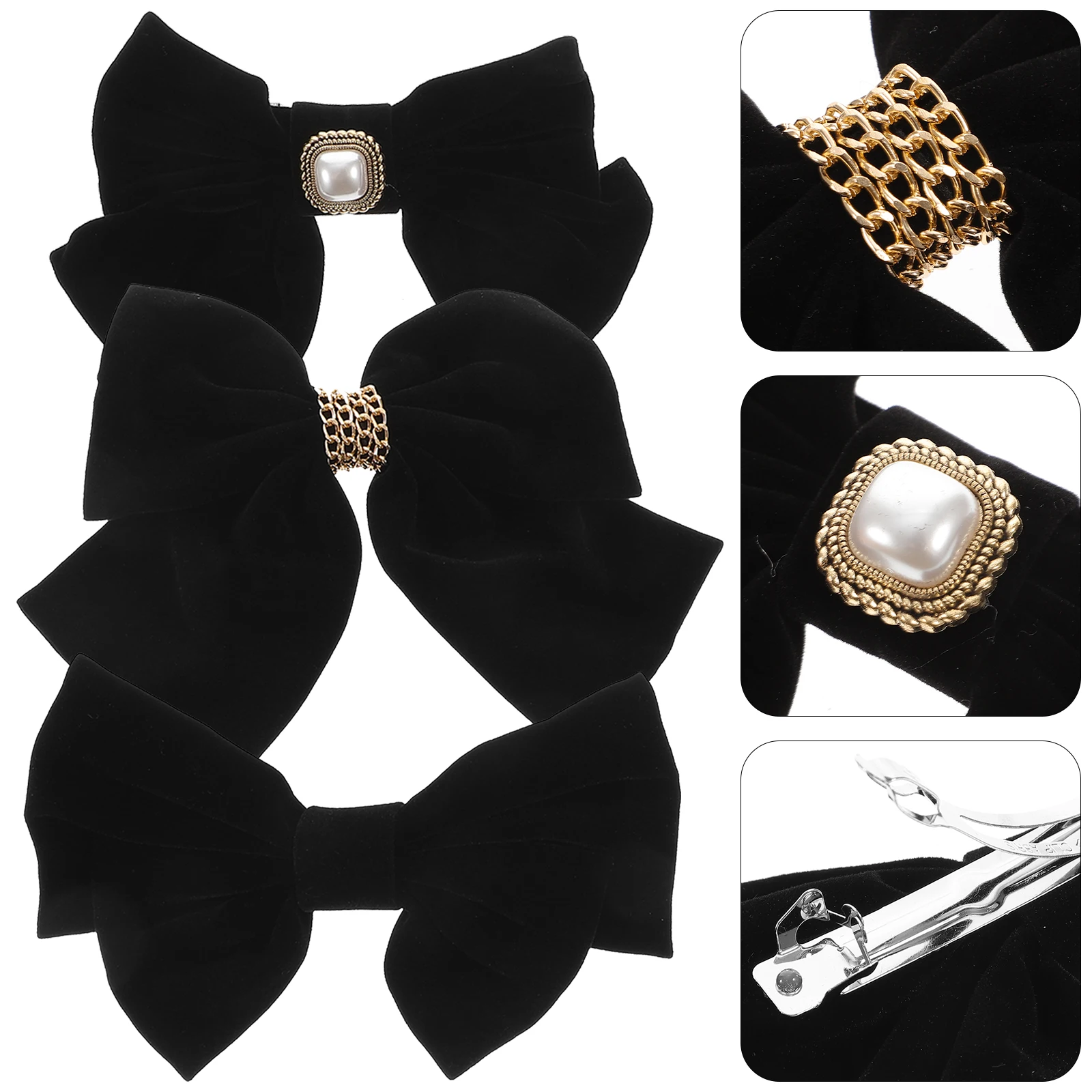 

3pcs Bow Clips French Velour Pearl Vintage Flexible Durable Elegant Snap Barrettes Women Girls Kids Black Barrettes For Thick