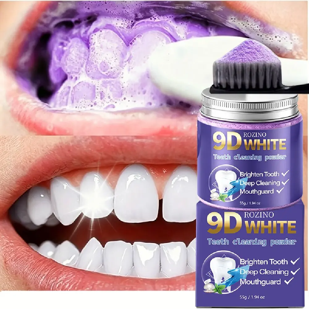 9D White Purple Teeth Cleaning Powder 55g V34 Color Corrector Remove Coffee Tea Smoke Stains Instant Brightening Oral Care Toot