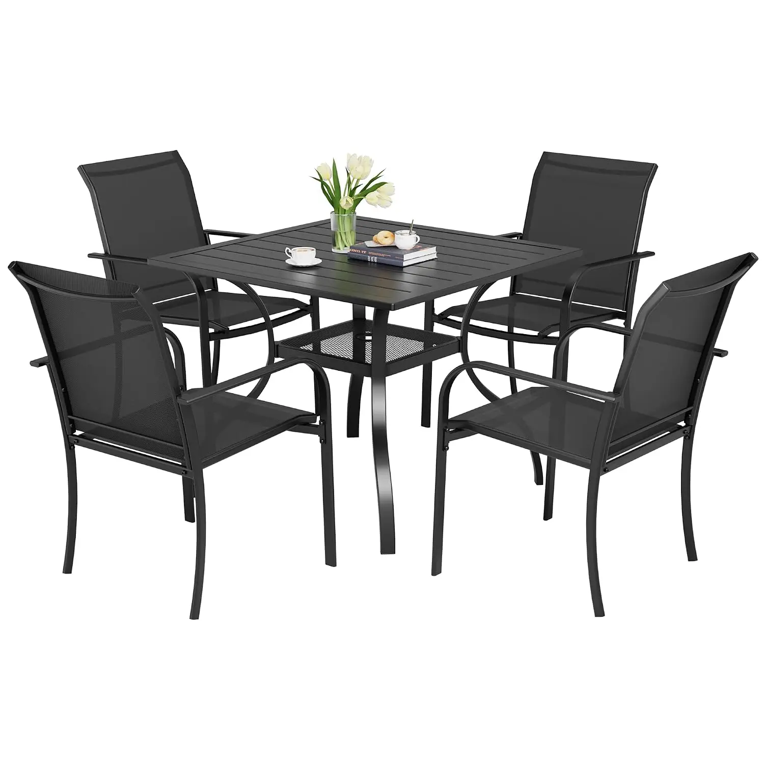 5-Piece Patio Dining Set with 4 Textilene Chairs & Square Table with Umbrella Hole for Backyard Garden Poolside, Customized