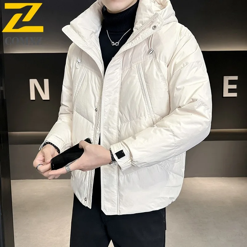 COMXZ New Men Short Hooded Down Jacket Puffer American style solid color Coat Top Waterproof Windproof outdoor sports Coat 2025