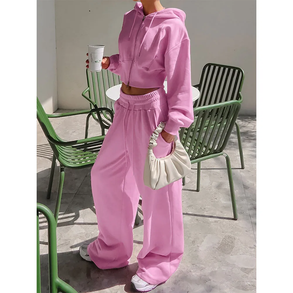 Women\'s Pink Tracksuits Solid Thin Fleece Long Sleeve Hooded Short Jacket+High Waist Wide Leg Pants 2pcs Female Casual Clothing