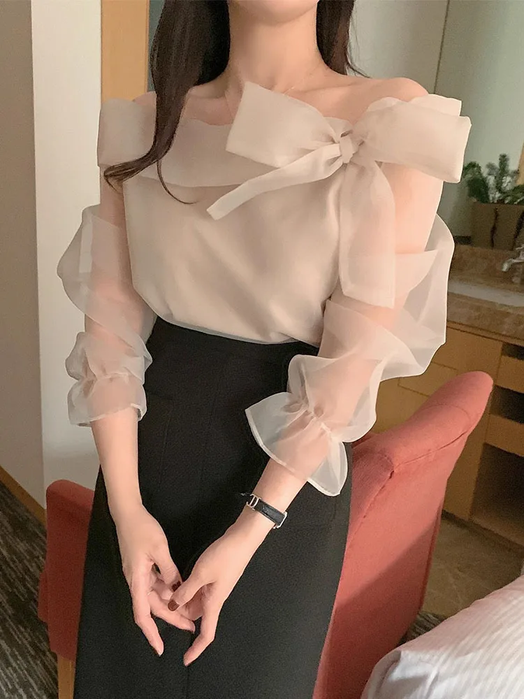 KUSAHIKI Korean Chic Spring New Off Shoulder Bow Tie Fashion Flare Sleeves Mesh Shirt Top for Women 2024 New Shirts Camisas