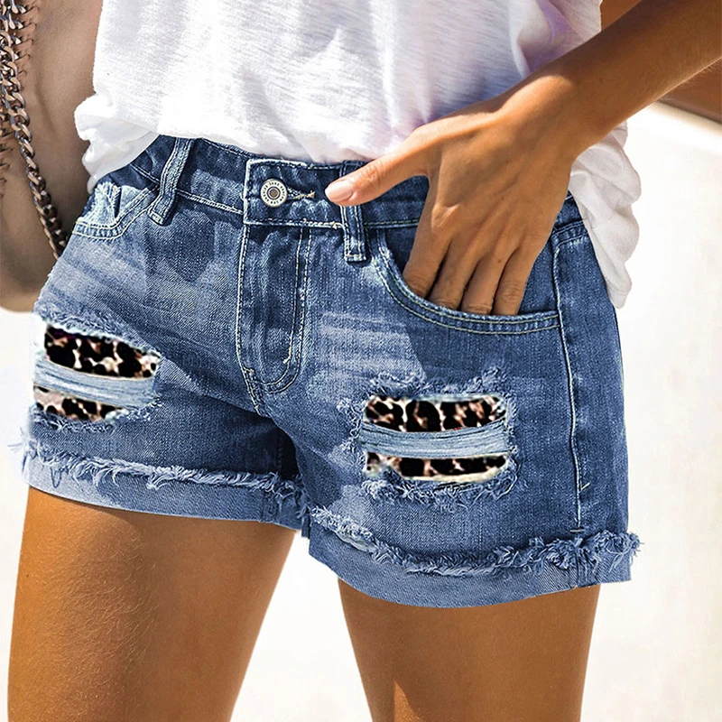 ファッションヒョウリッピング女性ジーンズショーツ夏スタイリッシュなロールアップ裾デニムホットパンツストリート生エッジ女性スーパーショートパンツ