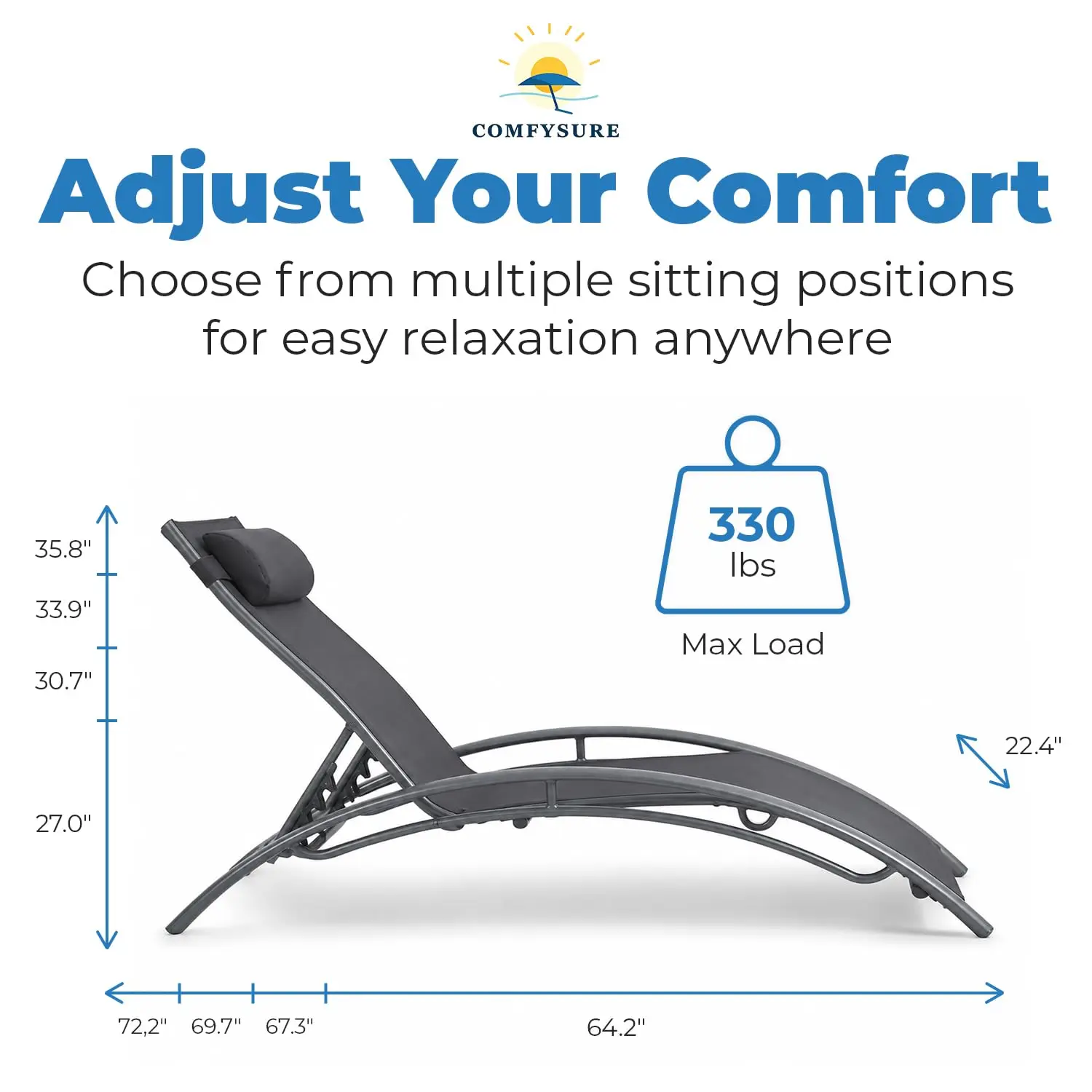 Aluminum Lounge Chairs Set of 2, 4-Position Reclining Textilene Sun Loungers with Headrest Pillow & Armrests