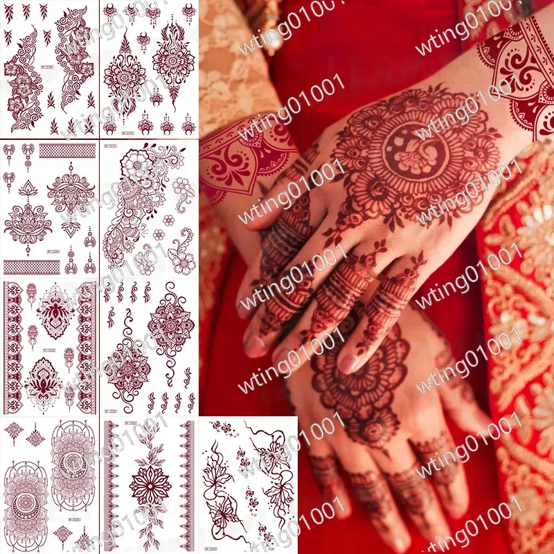 for Henna Brown Lace Temporary Tattoo Sticker Realistic Hand Back Design Long Lasting Waterproof Body Art Decal for Women