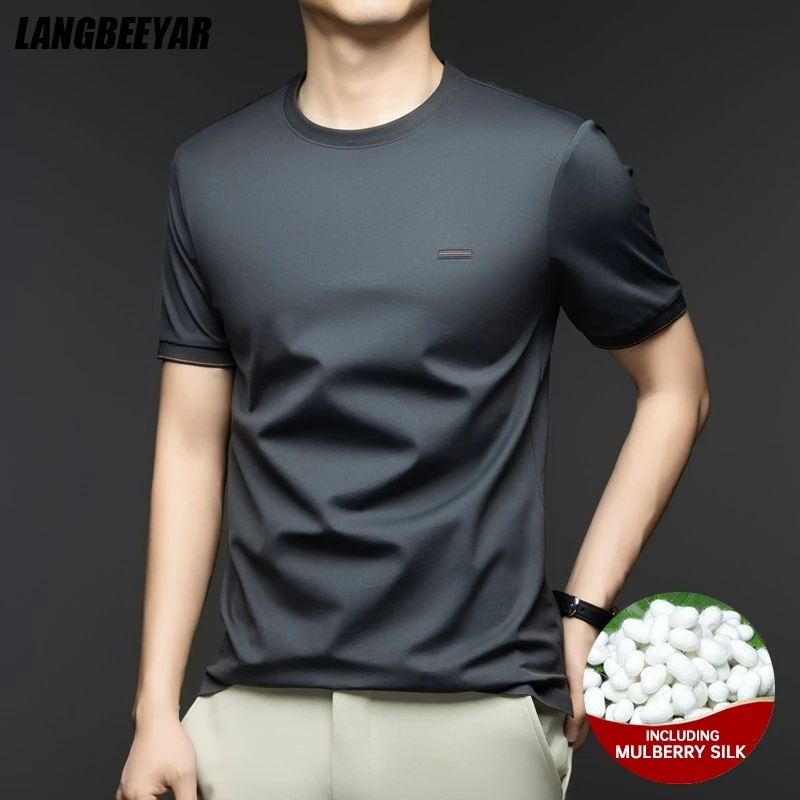 

High End 2.2% Mulberry Silk New Brand Tops t Shirts For Men Summer Short Sleeve Korean Classical Casual Fashion Men Clothes