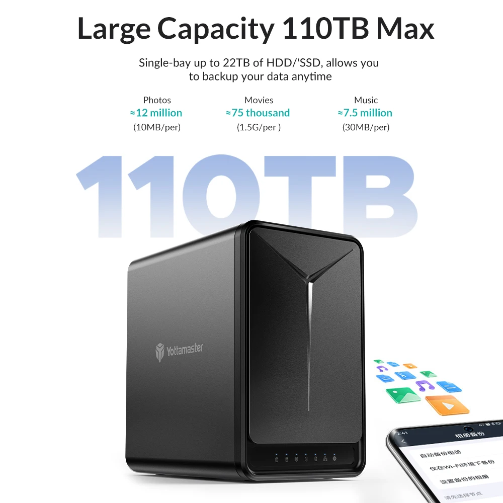 Yottamaster 2/5 Bay 2.5/3.5 inch SATA HDD SSD Enclosure Raid NAS Wireless Network HD cloud Server storage Quad Core CPU DDR4 RAM