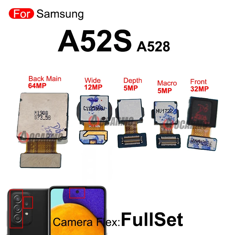 กล้องหน้าสำหรับ Samsung Galaxy A52S A528B A528มาโครวัดความลึกด้านหลัง + อะไหล่เปลี่ยนโมดูลกล้องหลักด้านหลังแบบ ultrawide