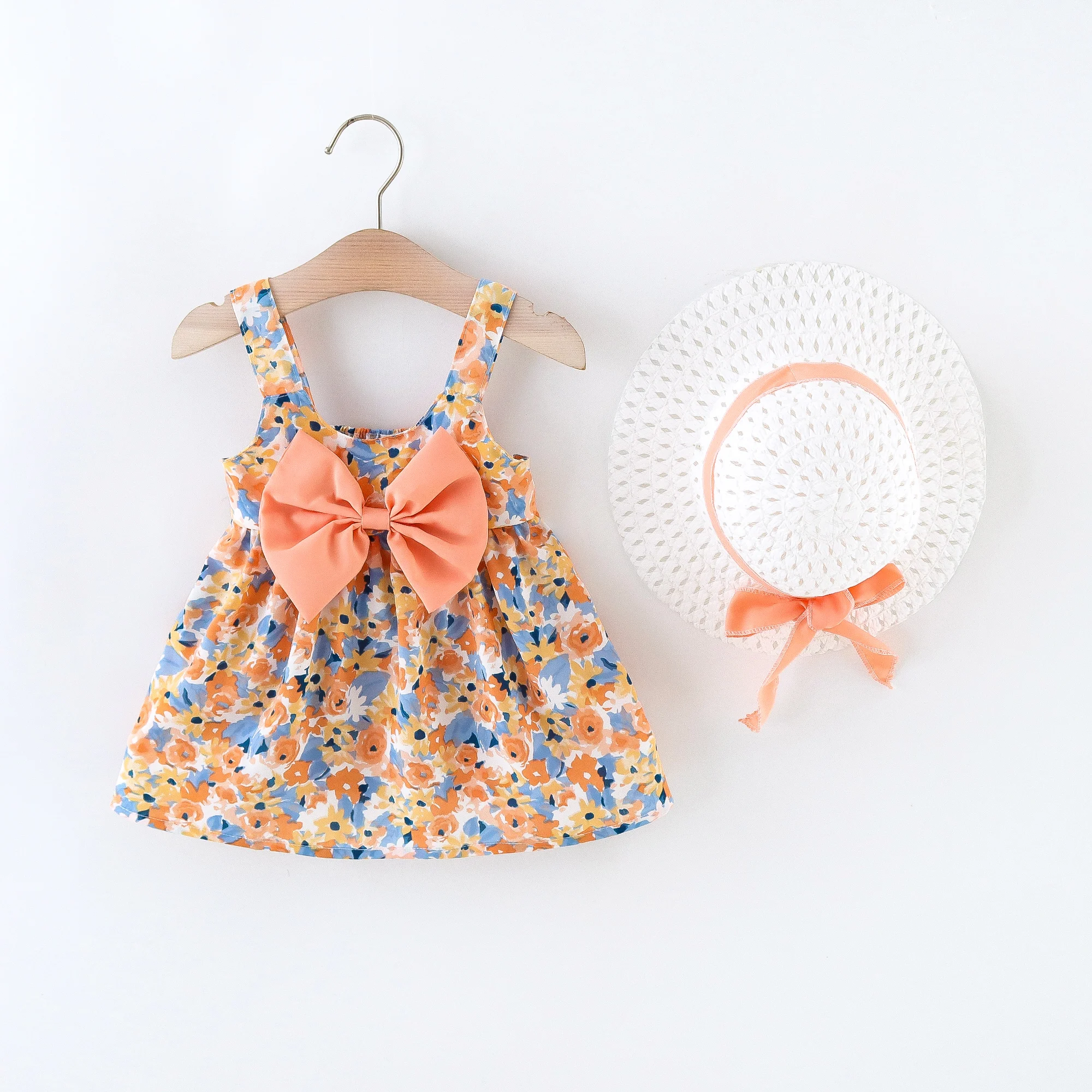 2Pcs/Set Flowers Baby Girl Dresses Summer Fashion Toddler Children Clothes Beach Smooth Dress Kid\'s Costume Hat 0 To 3 Y