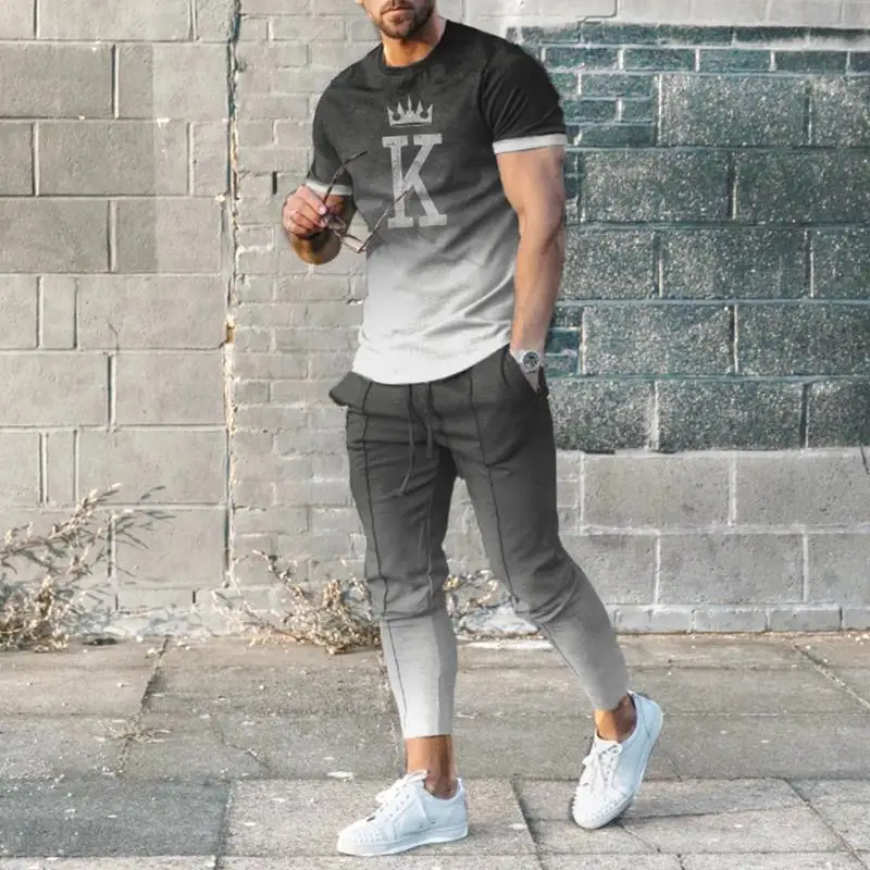 New Arrival Funny Smile Men Trousers Tracksuit 2 Piece Sets Short Sleeves T Shirt+Long Pants Outfits Casual Suits Men‘s Clothes