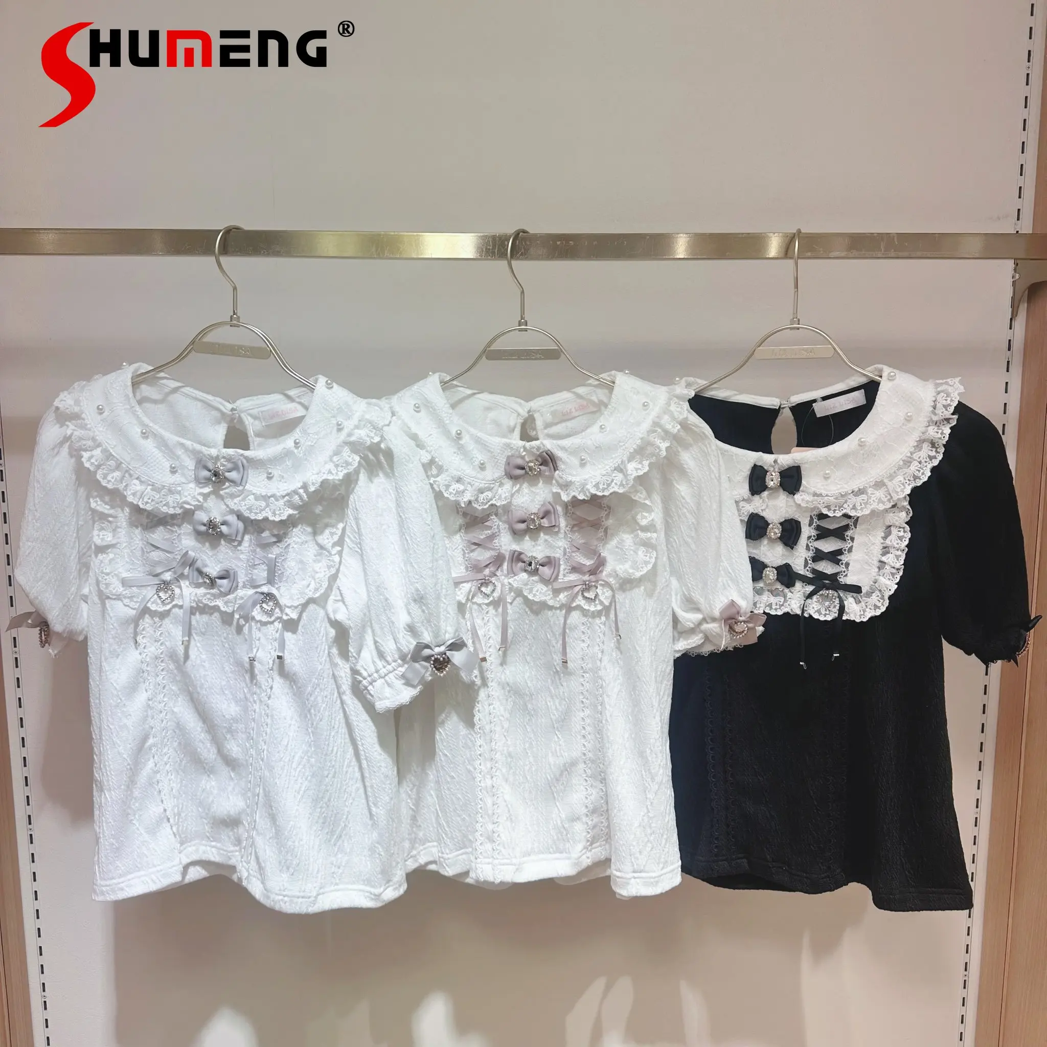 

Liz Shirts 2025 Summer New Japanese Mine Mass-produced Soft Girls Sweet Cute Doll Collar Bow Short-sleeved Tops Blusas Femininas