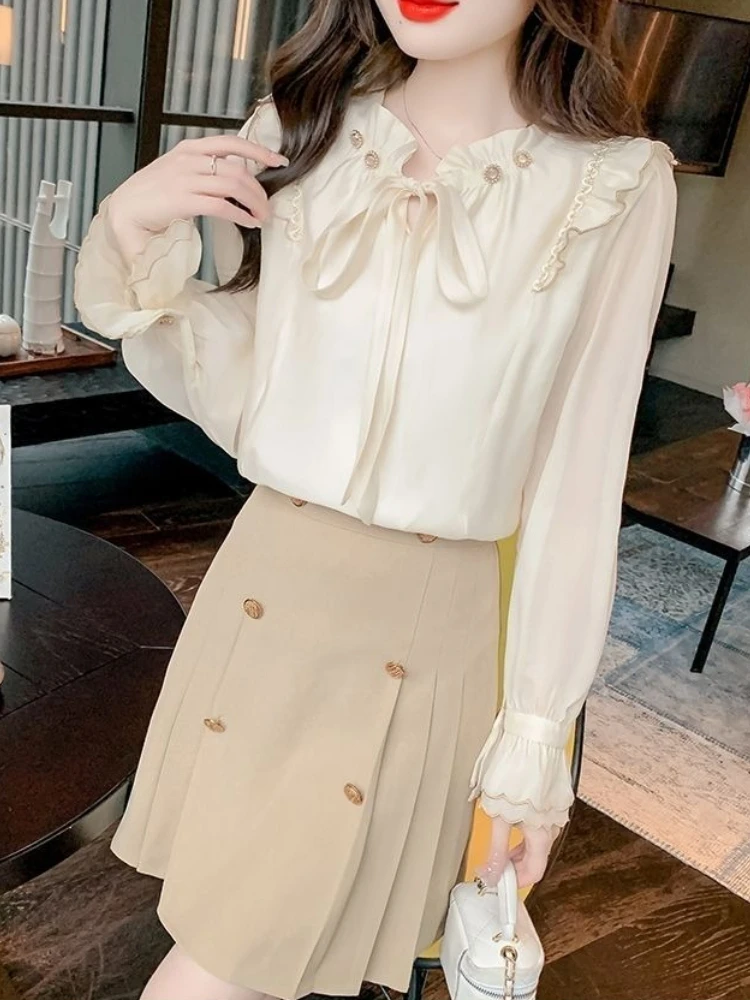 

2026 New Women's Chiffon Shirt for Spring Autumn Bow Puff Sleeves Design Beautiful Elegant Blouse