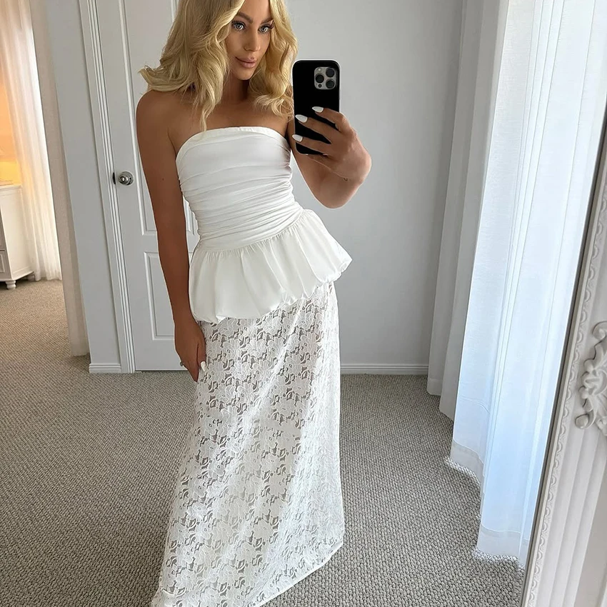 

Linad Summer White Sleeveless Vest And Maxi Skirt Set Sexy Ruffles Lace Asymmetrical 2 Pieces Set For Woman Pullover Folds Set