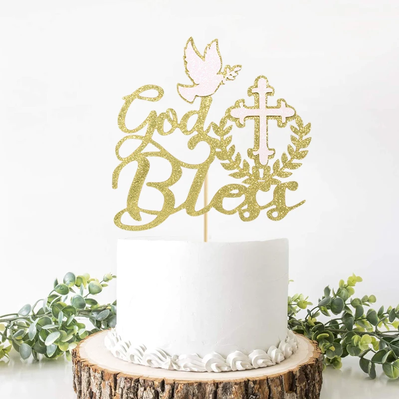 1pc, Golden God Bless Cake Insert, Baptism, Dedication Or First Communion Cake Decoration, Cake Decoration Supplies.