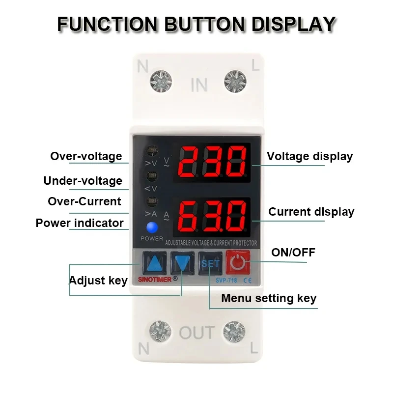 New Din Rail Dual Display Adjustable Over Voltage Current and Under Voltage Protective Device Protector Relay 40A 63A 220V 230V