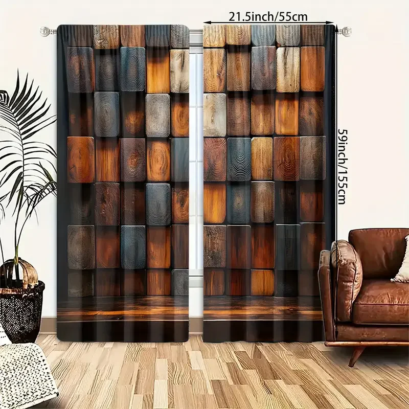 2pcs multi-textured block patchwork printed curtains, pole bag curtains, home decoration, room decoration