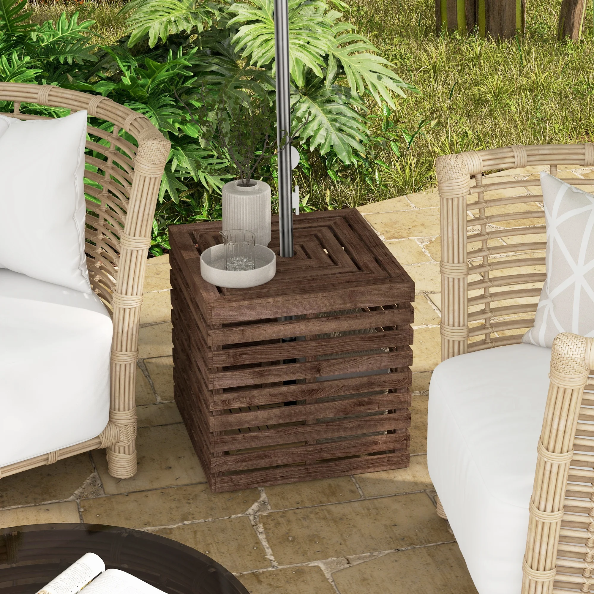 2-in-1 Outdoor Umbrella Base Storage Box, Wooden Patio Coffee Table, Brown