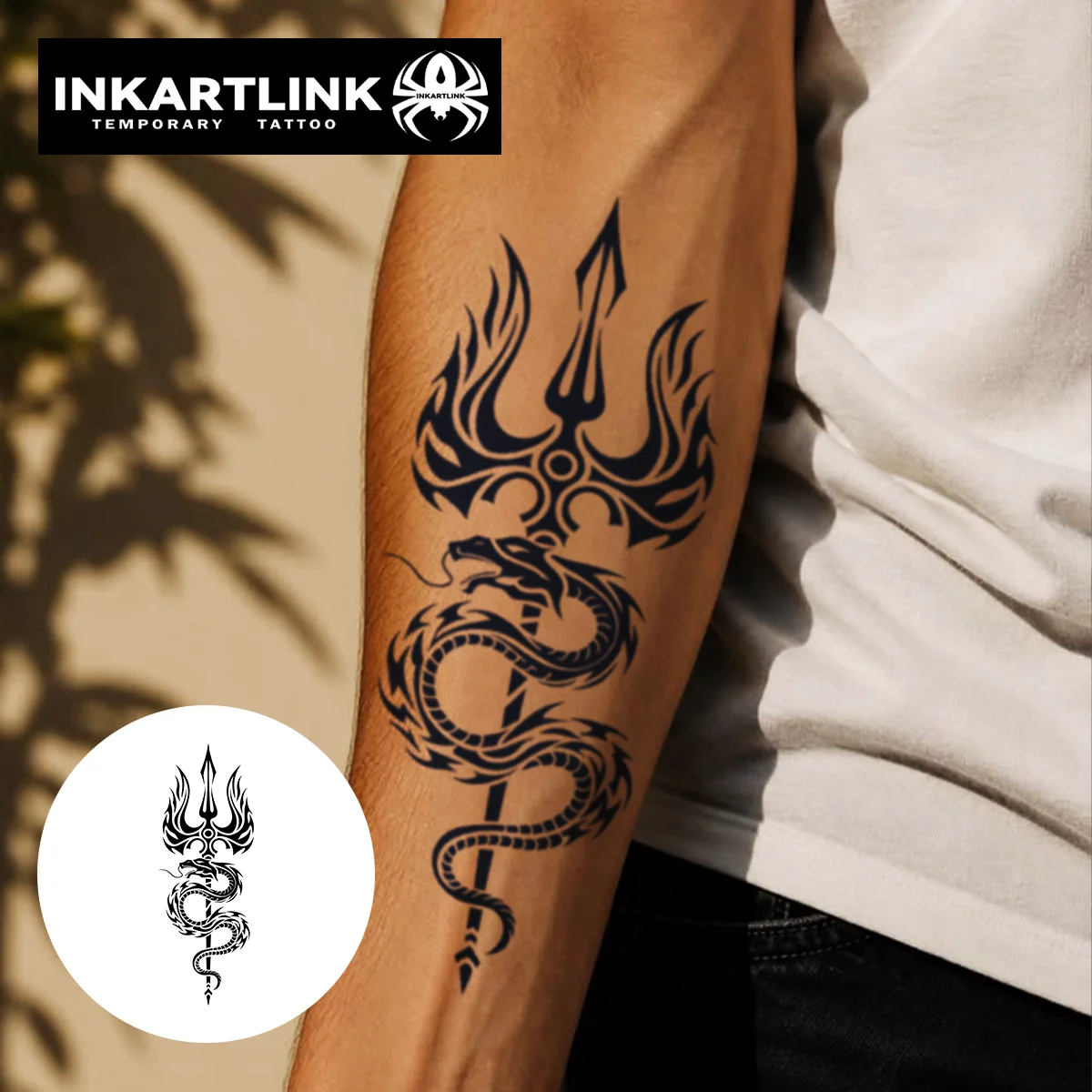INKARTLINK 1PC Botanical Trident Serpent Tattoo 2-5 Days, Unisex for Concerts, Streetwear & Bold Look.