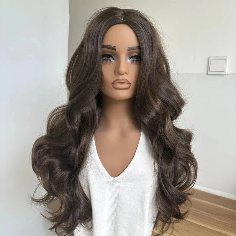 Real Hair New Fashion Long Natural Dark Brown Wavy Women's Full Wigs 24 In