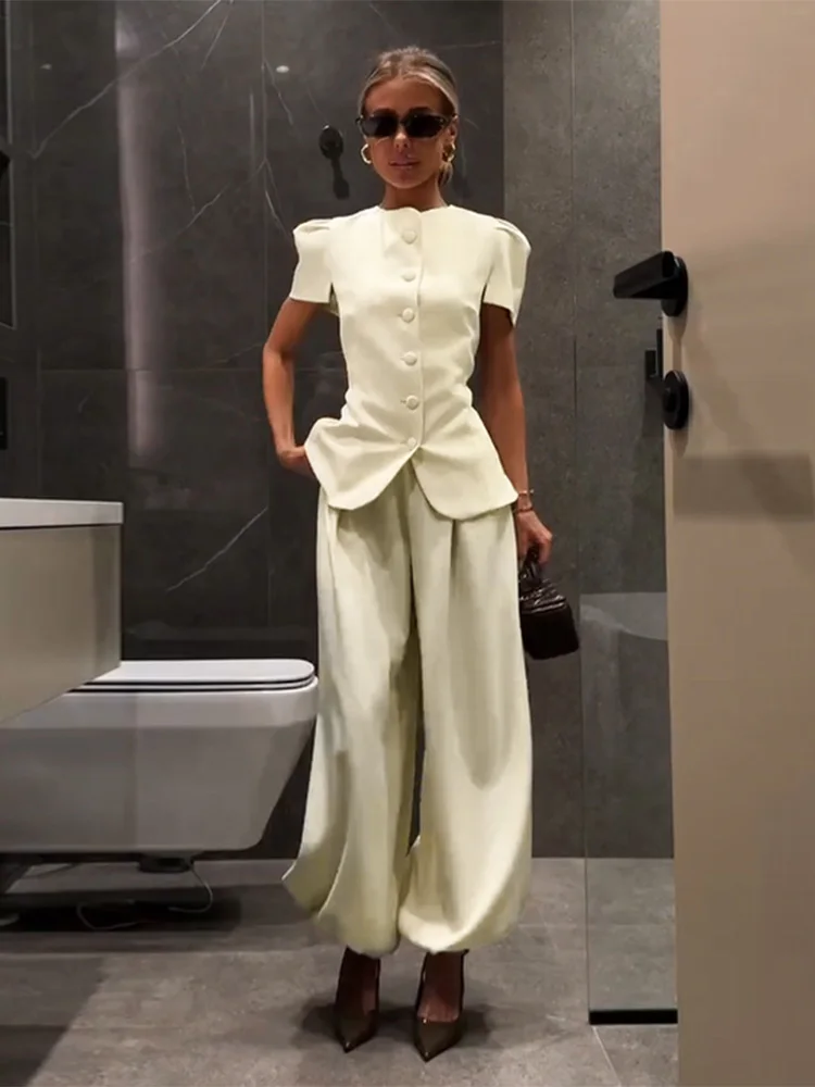 

Elegant Office Top Women's Pant Sets 2026 Summer O-neck Single-breasted Short Sleeve Top Wide Leg Pant Two Piece Set Women