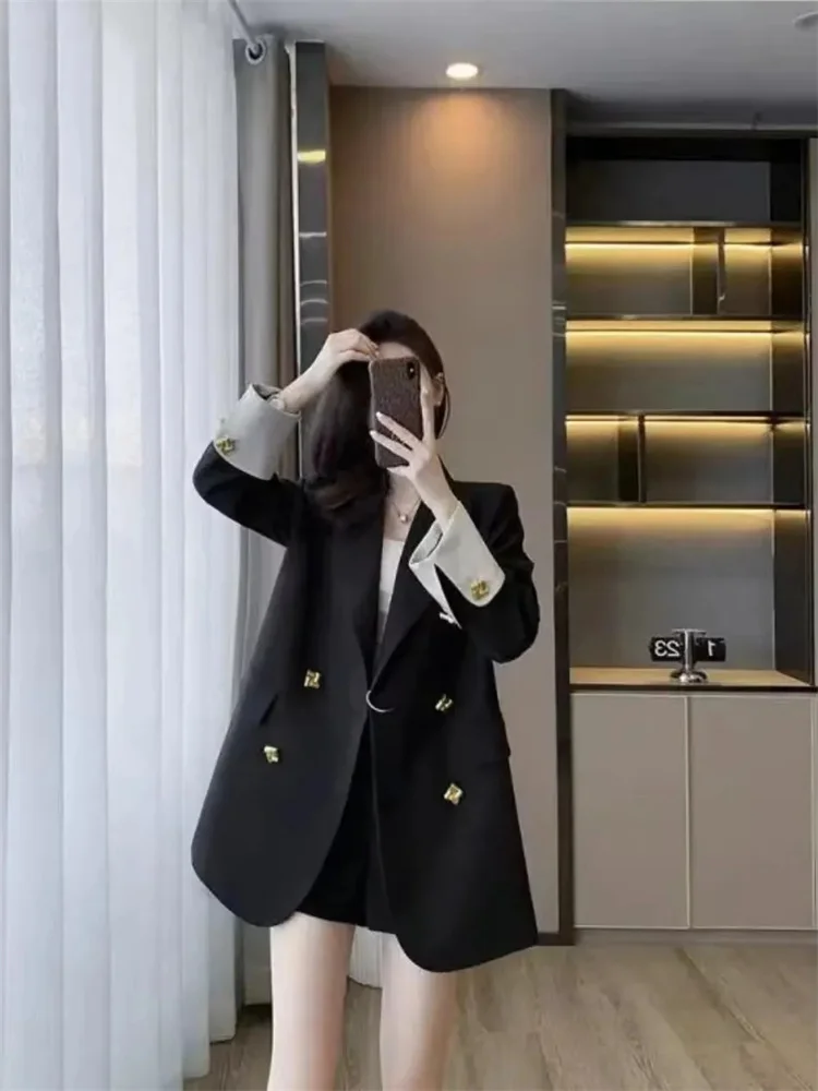 2025 nuevo Popular estilo coreano Hepburn negro y blanco Patchwork Blazer abrigo Top de manga larga para mujeres