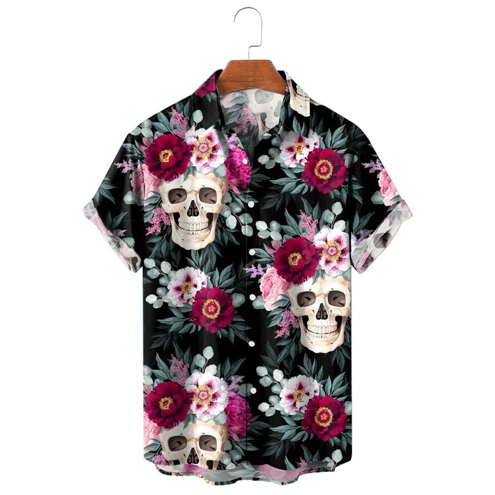 

HX Fashion Men's Shirts Wreath Leaves Skull 3D Printed Casual Shirt Summer Short Sleeve Beach Shirts for Men Clothing