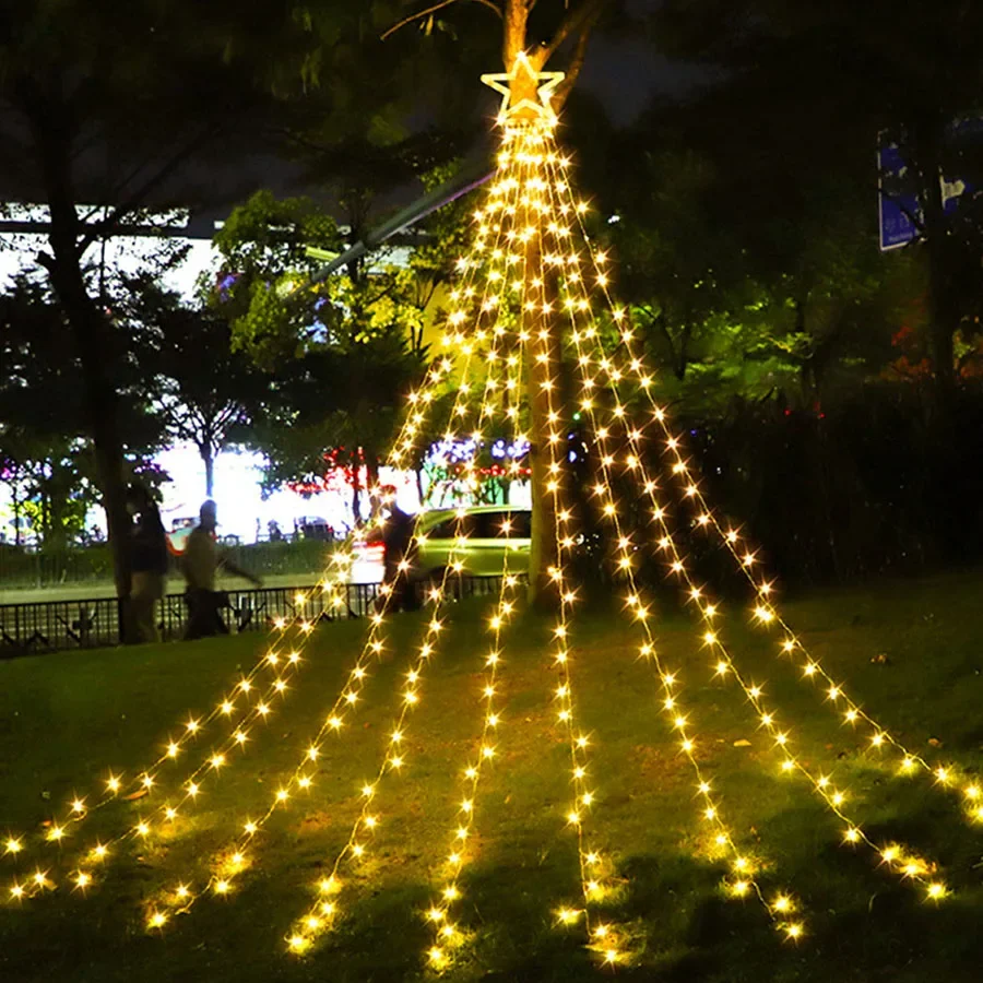 Luz de hadas de estrella de árbol de Navidad impermeable, luz de cascada de estrella de árbol de Navidad, guirnalda de luz de carámbano, 9x3,5 m, 350 LED