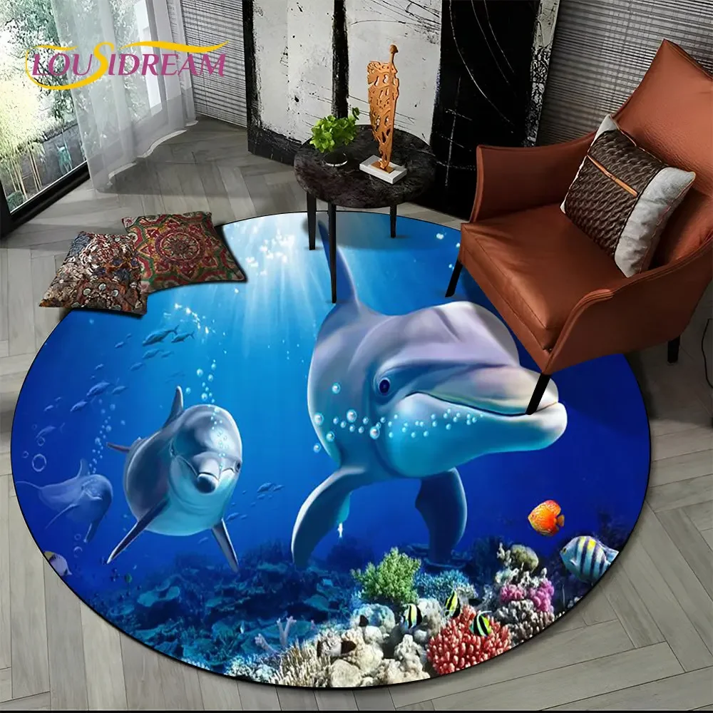 Круглый коврик с 3D-изображением подводного мира, дельфинов и черепах, ковер для гостиной, спальни, дивана, игровой комнаты, декоративный коврик, нескользящий напольный коврик