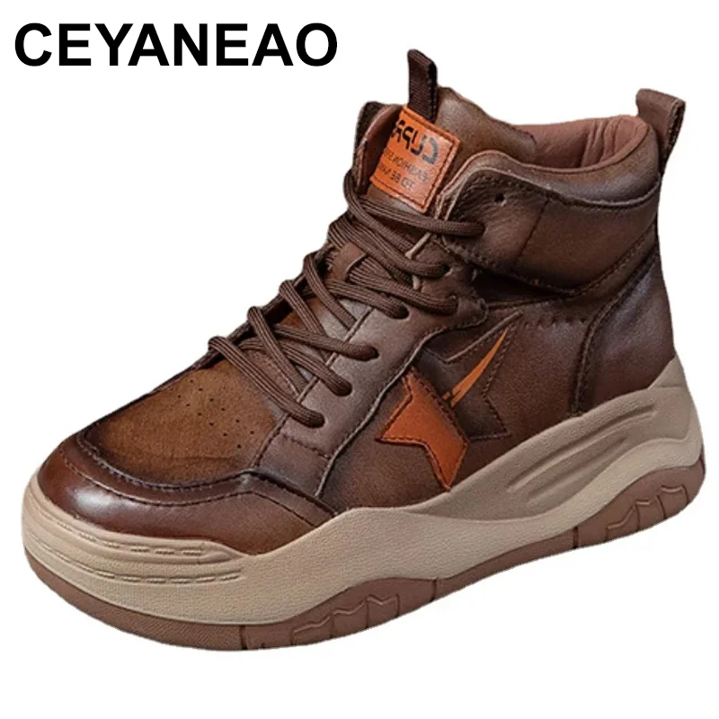 

Women Boots Genuine Leather 2024 New Winter Lace-up Round Toe Women Handmade Retro Ankle Platform Boots