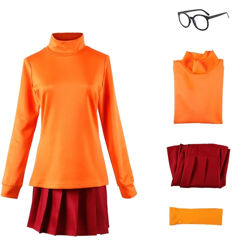 Anime Velma Cosplay Costumes pour femmes, olympiques orange, perruque rouge, uniforme d'Halloween, olympiques de carnaval