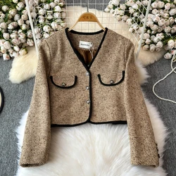 2024 Winter New Fashion Coarse Tweed Jacket For Women Contrast V-Neck Elegant Coat small fragrance short Jacket Top