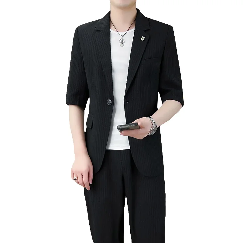 2024 Summer Men\'s Sets Half Sleeve Blazer Suits Fashion Solid color Short Sleeve Button Suit Shirt + Pants Slim FIt 2 Piece Set