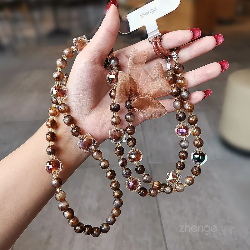 

Fashion bow brown round bead handmade bead hanging rope, women's long crossbody phone hanging rope